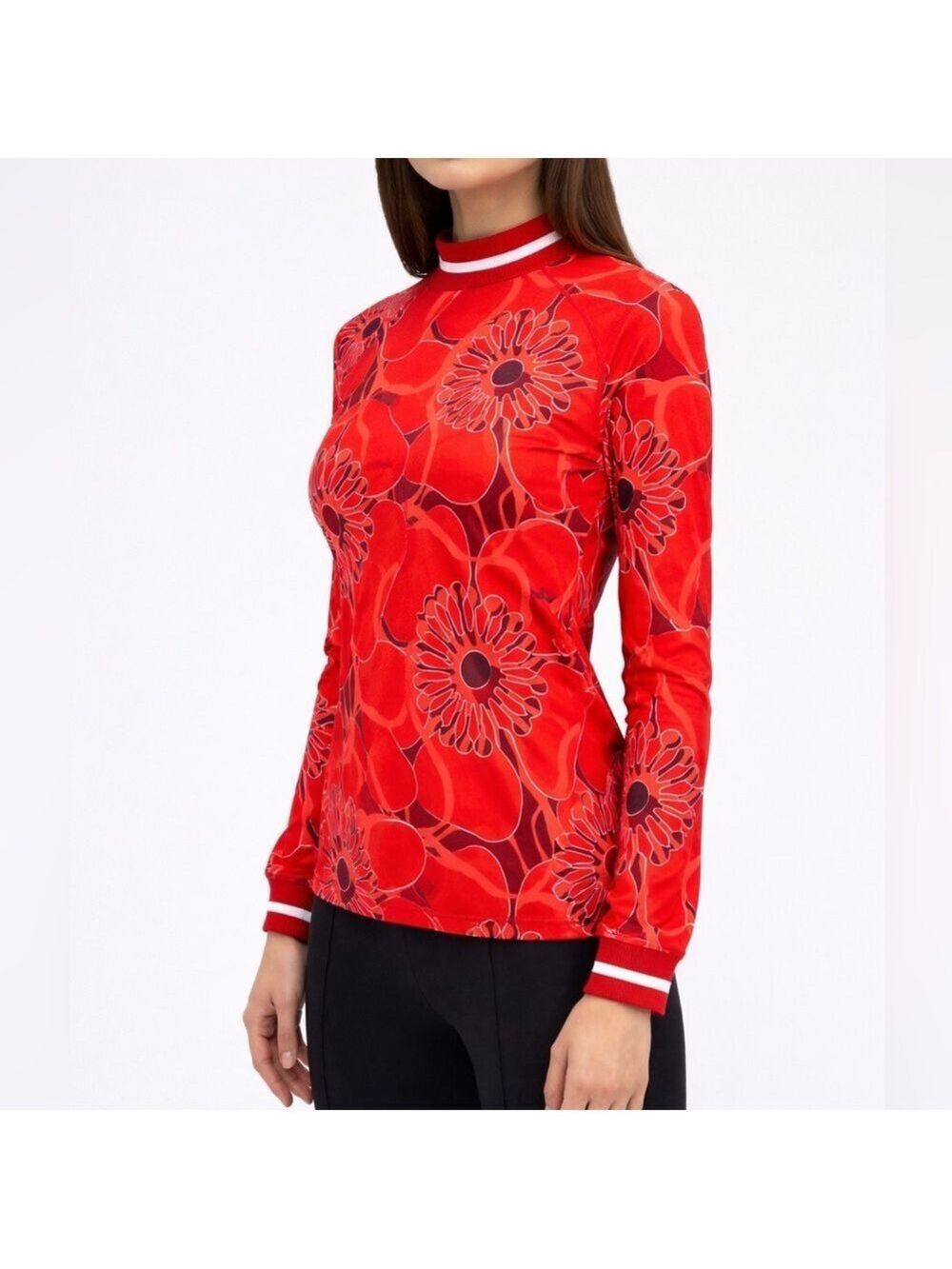 Like New Bogner Madeline Red Floral Print Long Sleeve Base Layer Top size 14